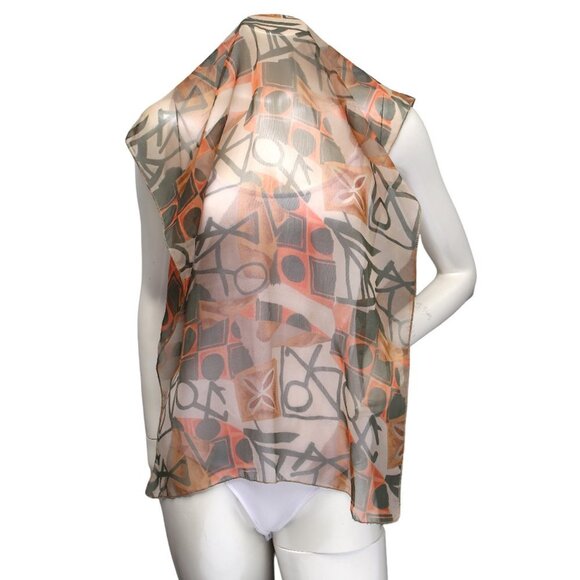Abstract Print Sheer Long Scarf Shawl Geo Print Orange Brown - Picture 8 of 8